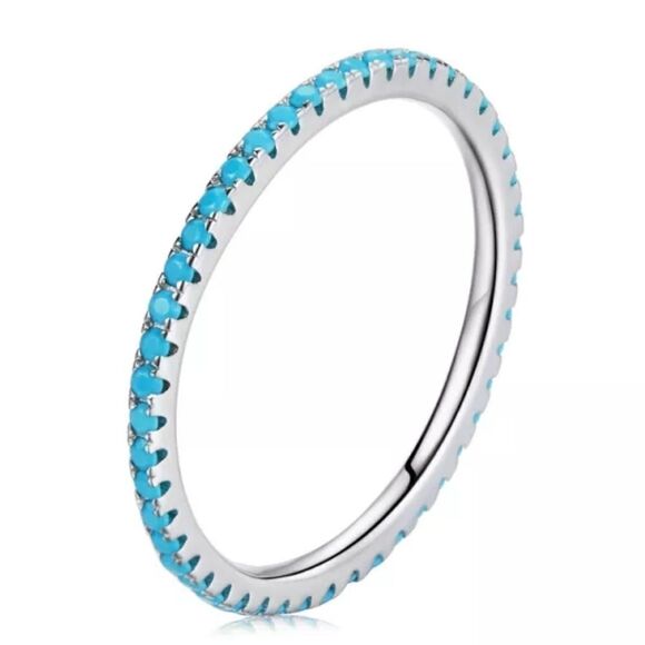 Turqouise 925 Sterling Silver Band Stacking Ring Blue - Picture 1 of 11